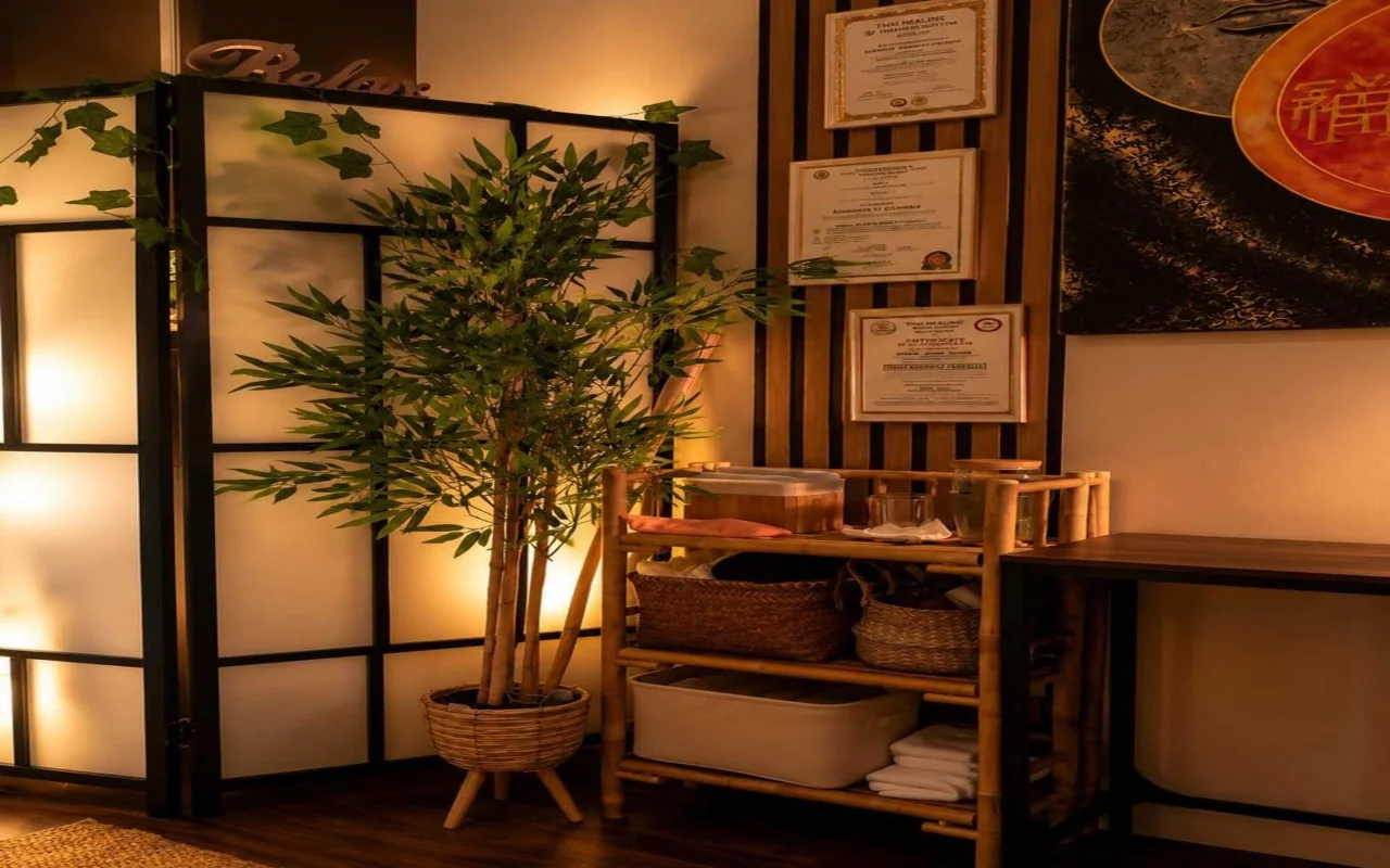 Biombo, plantas y estantería con toallas en la cabina Hilot Filipino de Abando